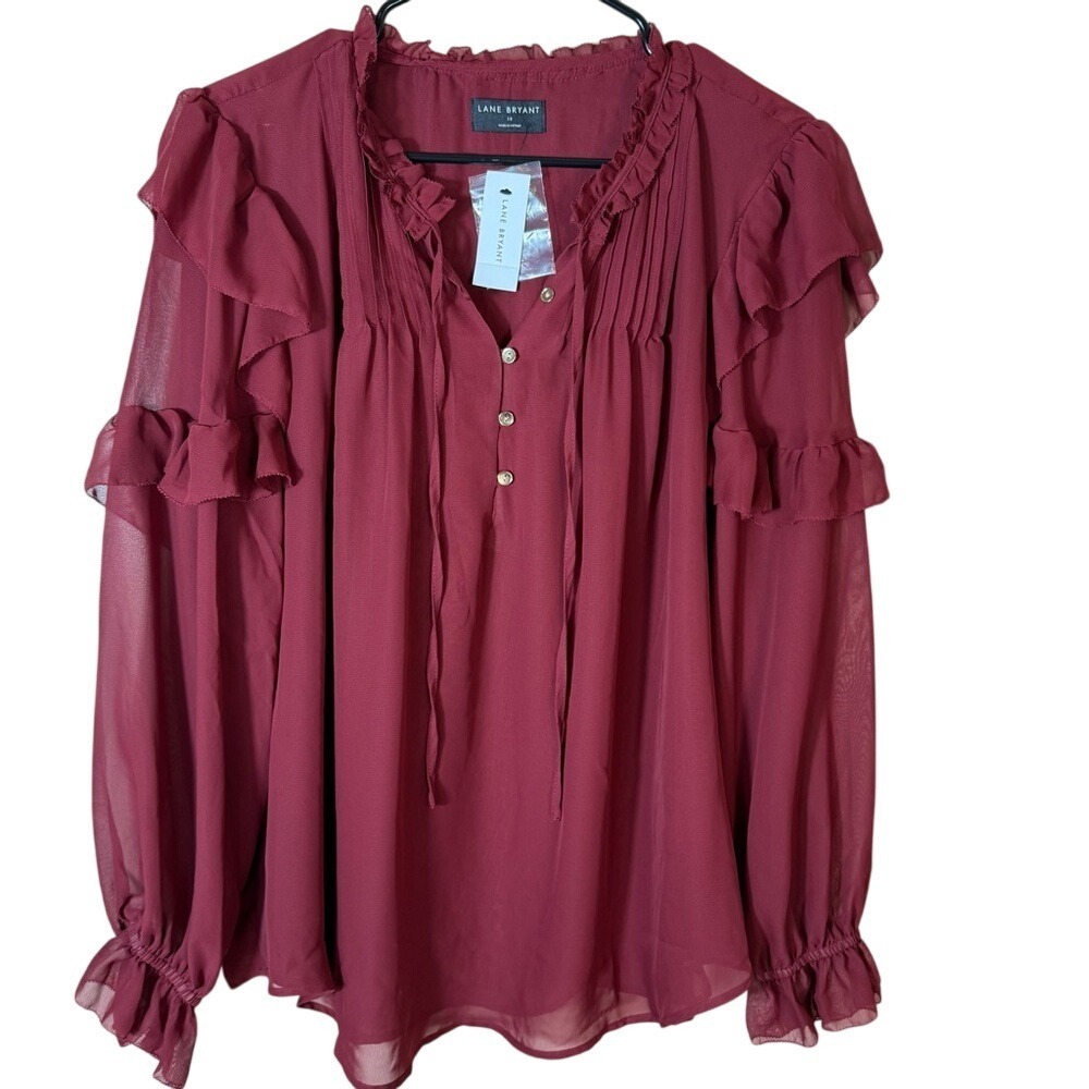 SALE Lane Bryant Burgundy Chiffon Ruffle Neck Tie Front Blouse Women Size 18
